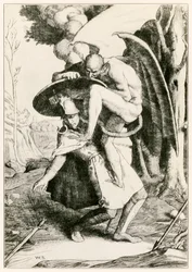 Christian kämpft gegen Apollyon aus Der Pilgerreise von John Bunyan, Illustration von William Strang